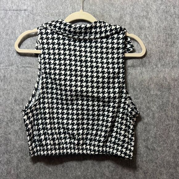 SO Houndstooth Crop Top‎ Sleeveless Collared Blouse Black White, L - Picture 5 of 5